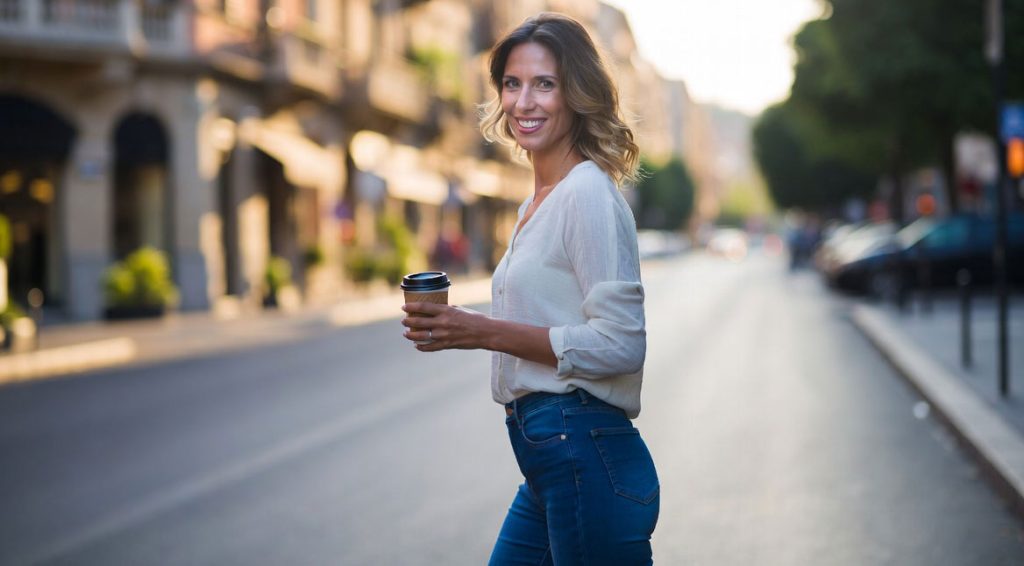 Donna separata che cammina sorridente per strada con un caffè in mano
