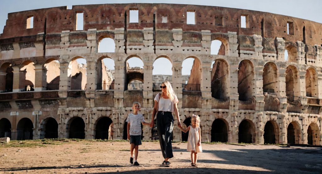 Genitore single con bambino in un parco di Roma