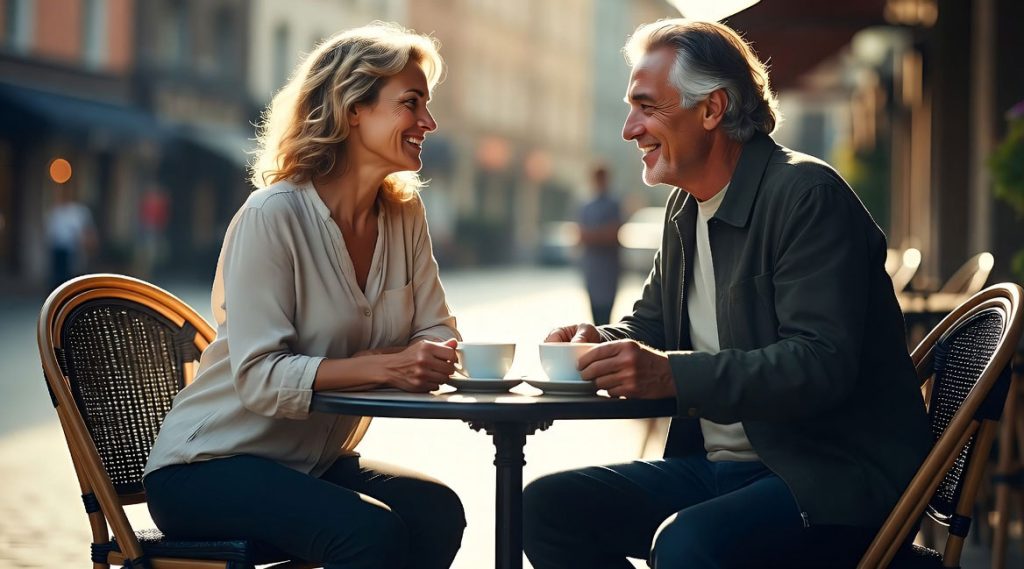 Coppia over 50 che ride insieme al bar