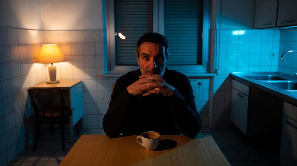 Padre separato seduto in cucina la sera da solo