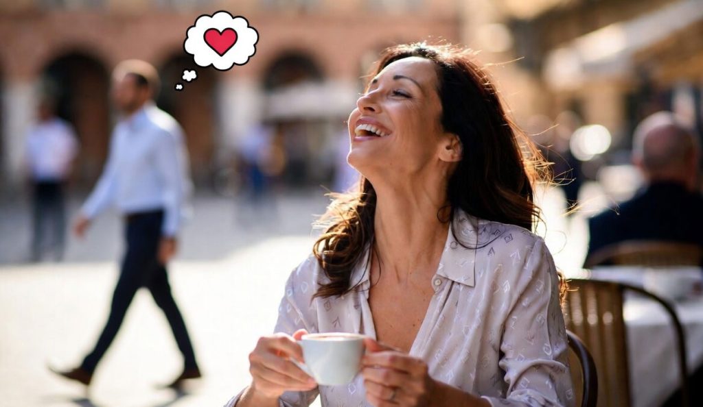 Donna sorridente al tavolo di un bar all'aperto — vedova cerca compagno